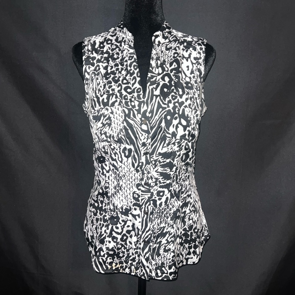 Caché Sleeveless Snap Up Mixed Animal Print Blouse - Small